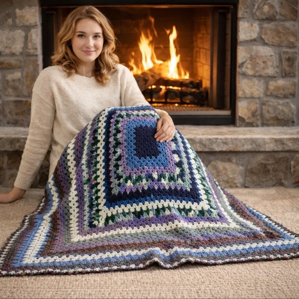 📌Handmade Crochet Granny Square Throw Blanket Blue Purple Green Afghan 52x52 - Picture 3 of 4